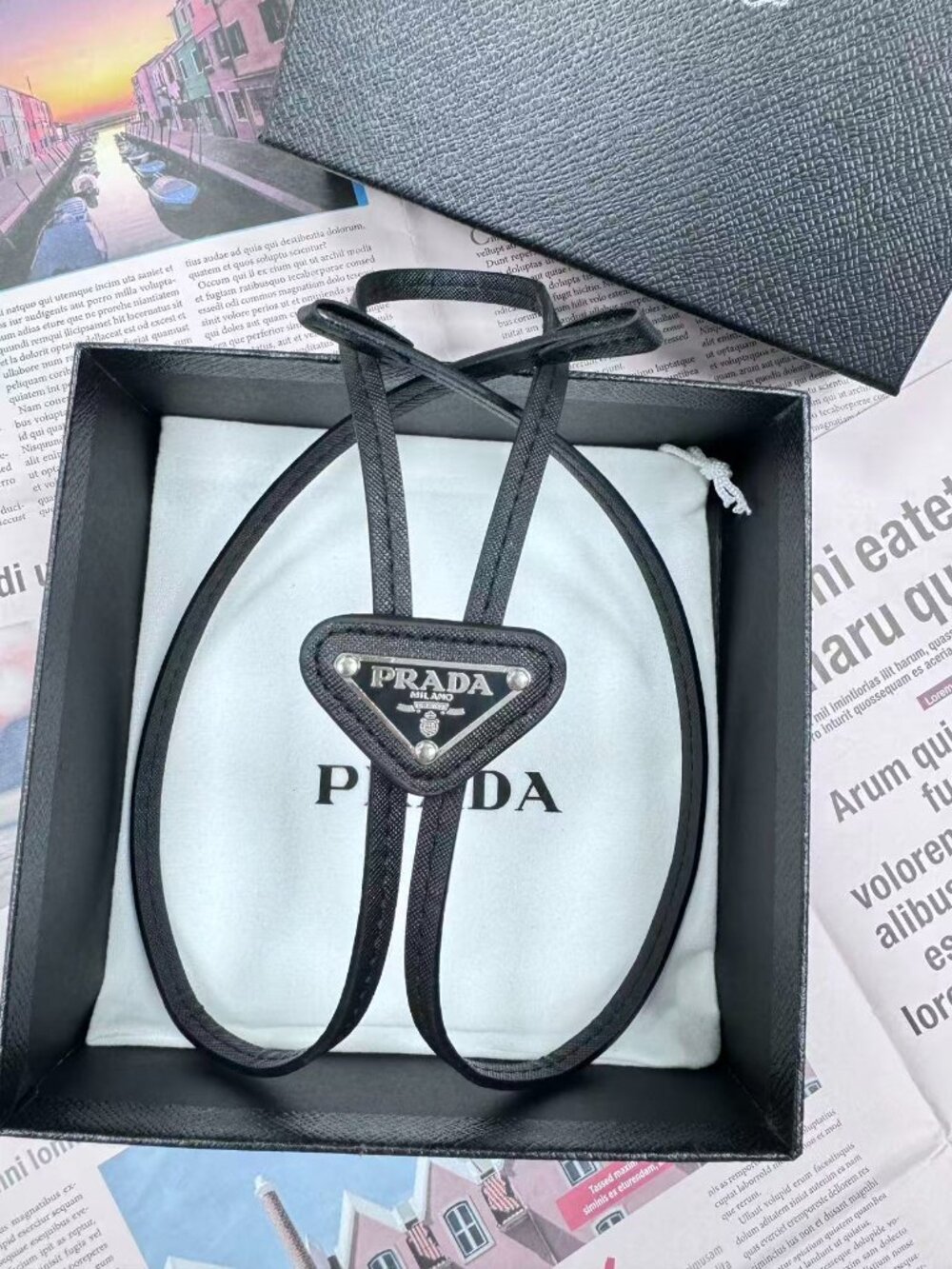Prada Saffiano Leather Bolo Tie Black Designer Luxury Accessory  😘 NWT